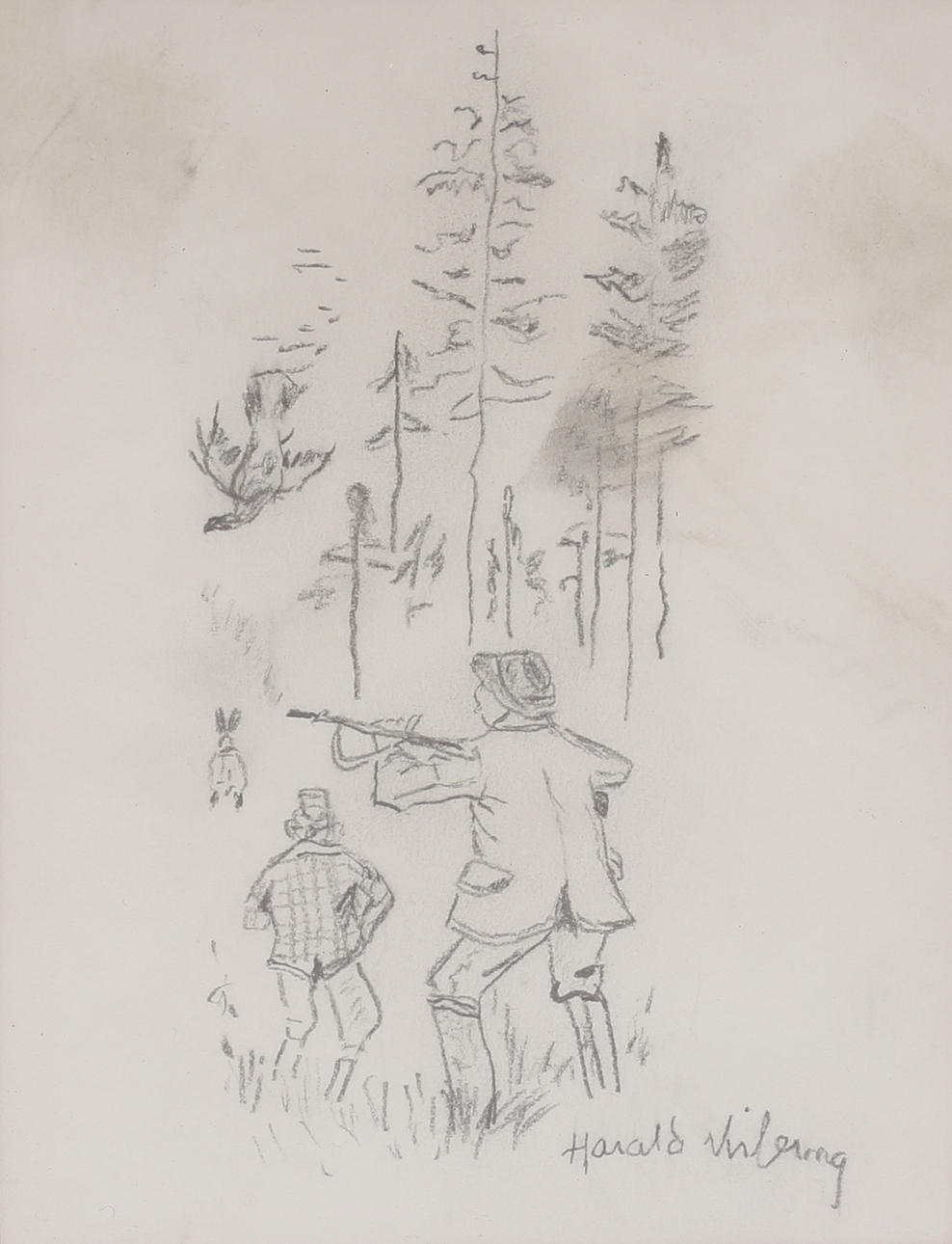 HARALD WIBERG. Jæger, tegning, signeret.
