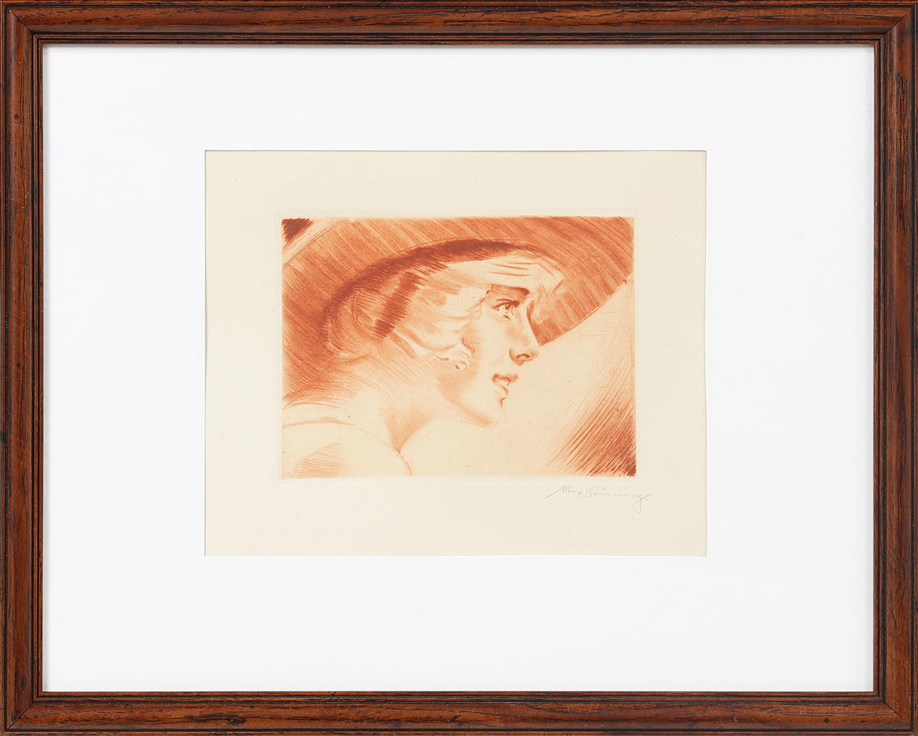 MAX BRÛNNING. Woman with hat, etching, signed.