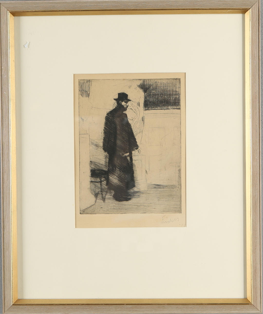 AXEL FRIDELL. "Man in coat" (Arvid Knöppel), etching, signed.