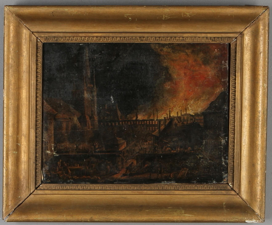 RAM, 1800-talets första hälft, med bemålat tryck "Eldsvådan på Riddarholmen", efter Martin Rudolf Heland.