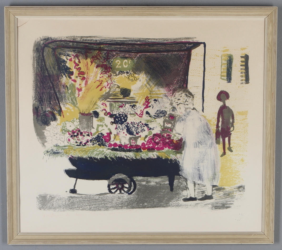 SVEN X:ET ERIKSON. Parisisk blomsterkärra, färglitografi, provtryck, signerad.
