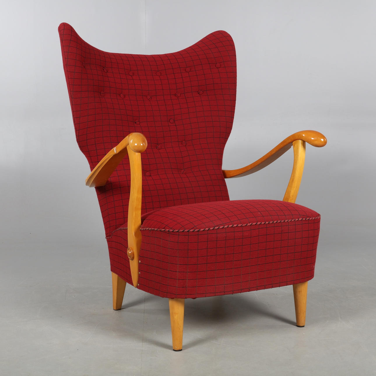 ARMCHAIR, check pattern, mid 20th century.