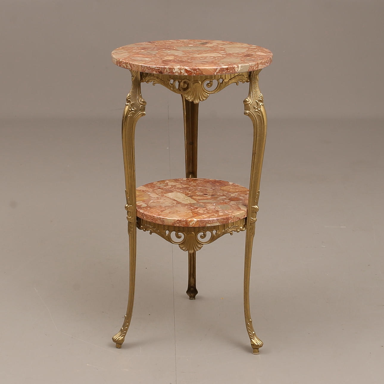 PIEDESTAL, brass with marble slabs.