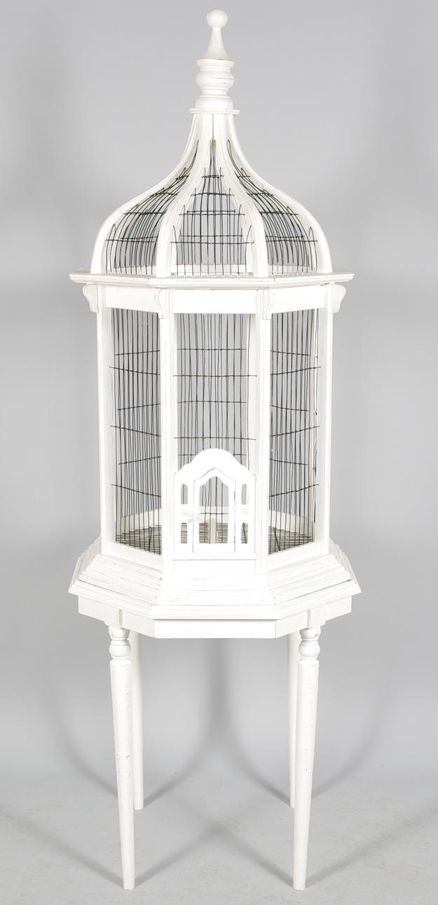 FÅGELBUR, vitmålat trä/metalltråd.