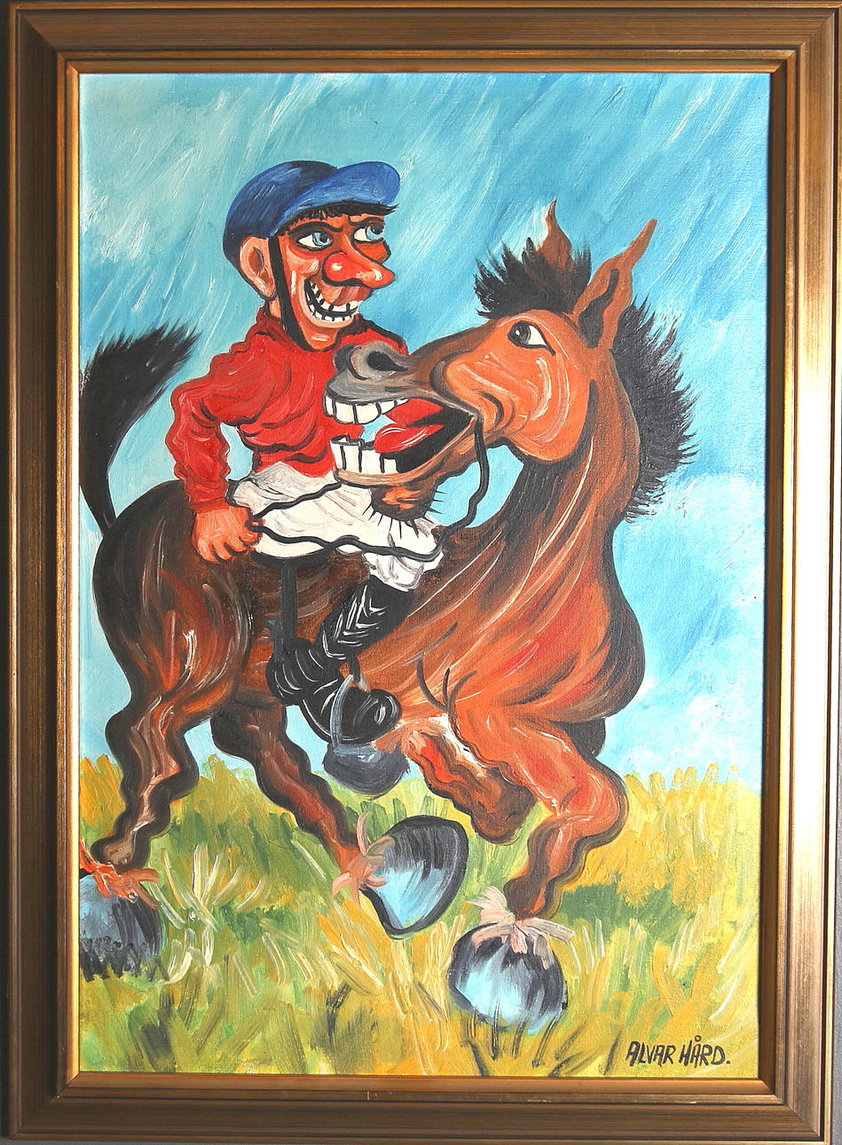 ALVAR HÅRD. Olja på duk, jockey på häst, signerad.
