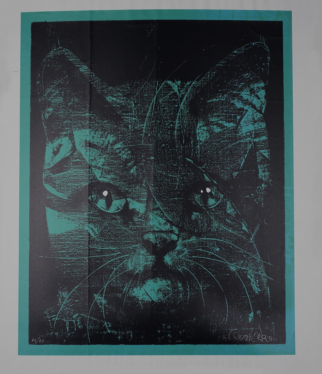 MIKAEL QVARSEBO. Turkos katt. Färgserigrafi på duk. Signerad M Qvarsebo. 22/60.