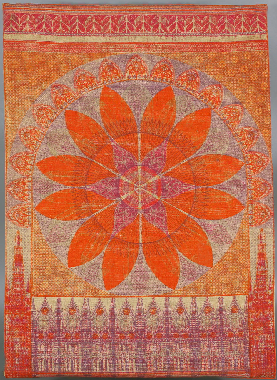 OIDENTIFIERAD KONSTNÄR. Rosettblomma. Tryck på linnetyg. 1960-tal. Signerad Amiens/20.