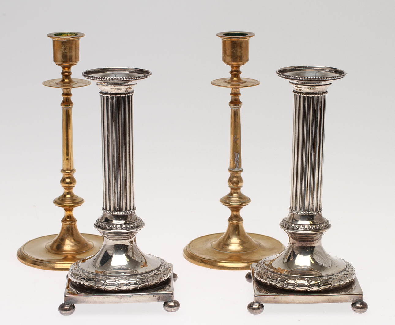 LJUSSTAKAR, 2 par, mässing och nysilver, 1900-tal.