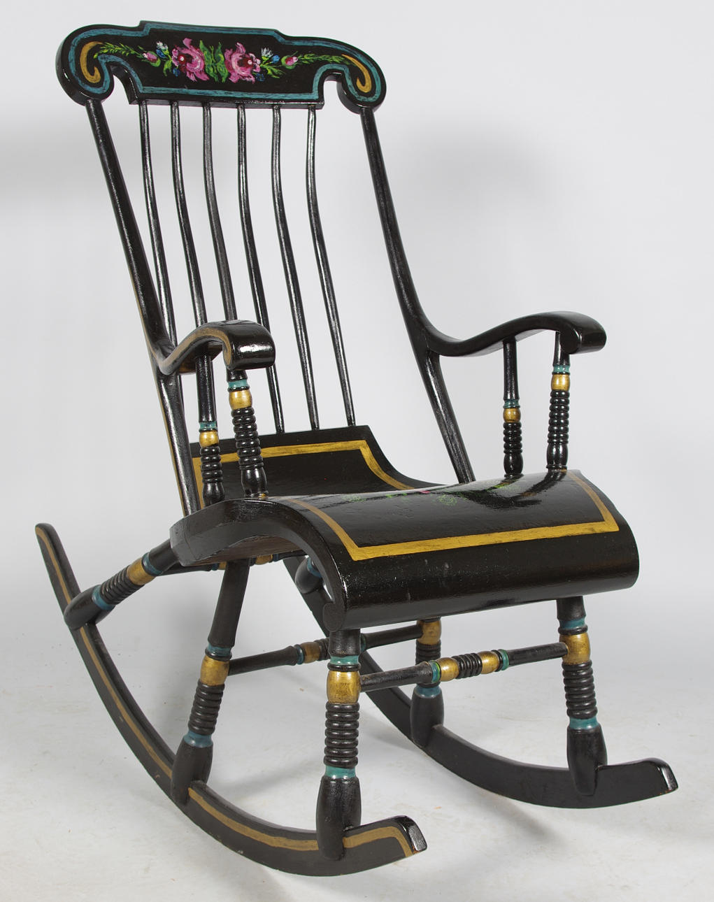 GUNGSTOL, svartmålad med blomsterdekor.