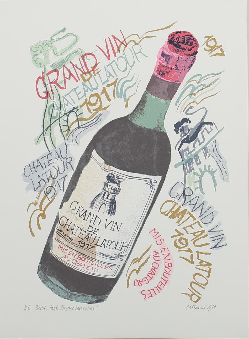 CATARINA GÖTH. Vinflaska. Färglitografi. Signerade och dedikerade.