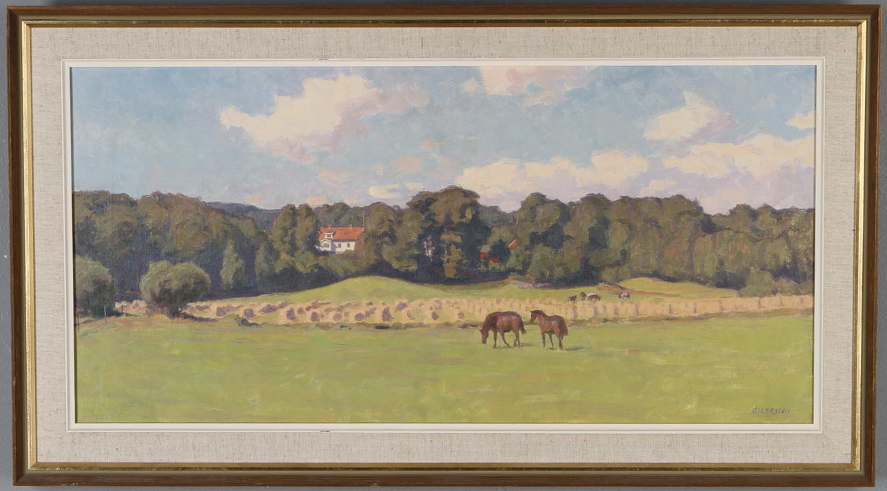 BERNHARD OSCARSSON. Landskapsmotiv med hästar och hus, olja på duk, signerad.