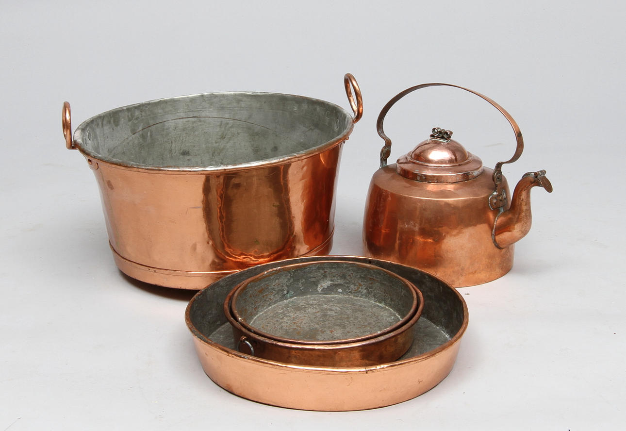 KOPPARBALJA, kopparfat 3 st, kaffekanna, koppar,18/1900-tal.