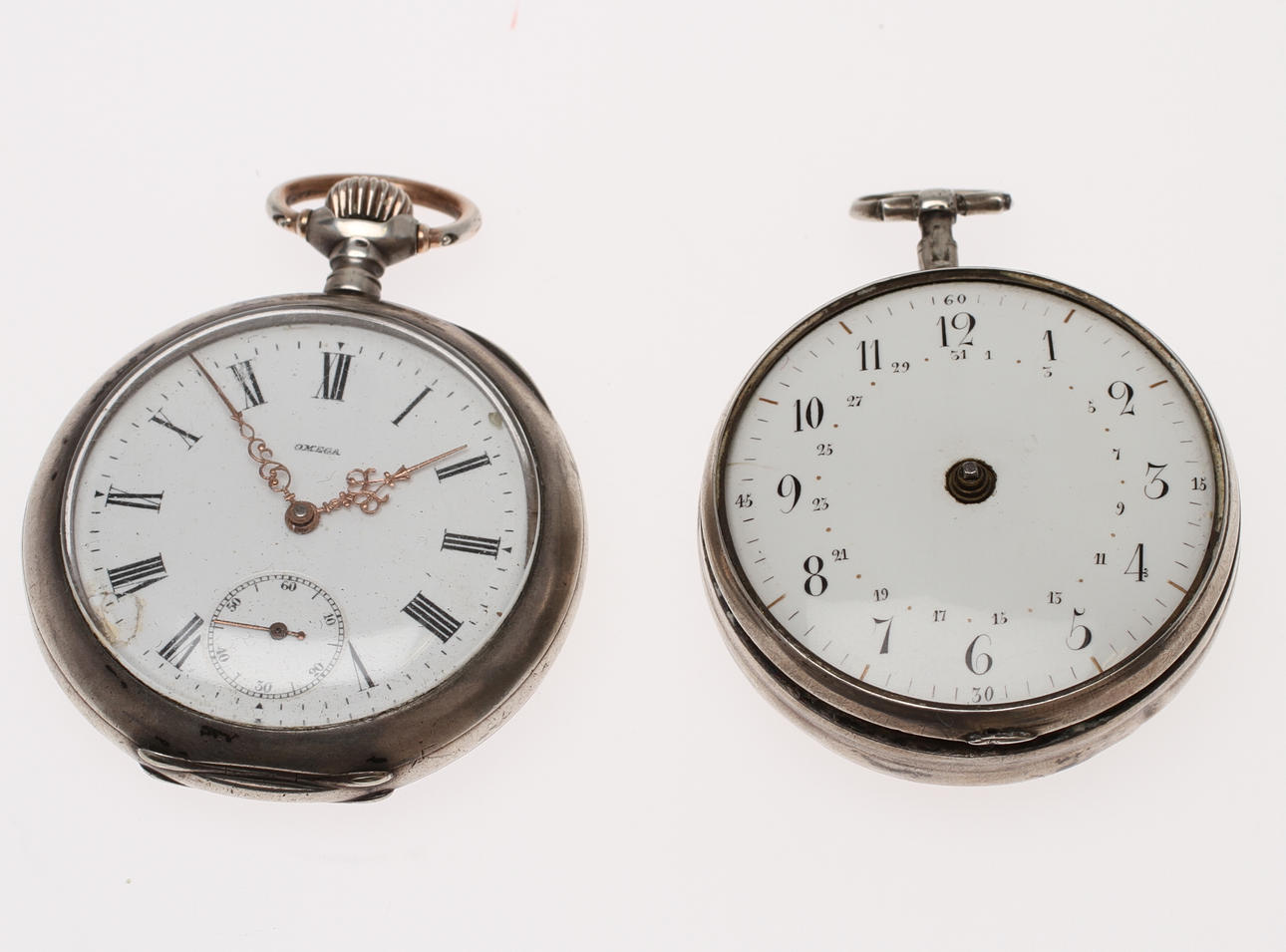 FICKUR, 2 st, silver, Omega samt Nyckeldragare 1700/1800-tal.