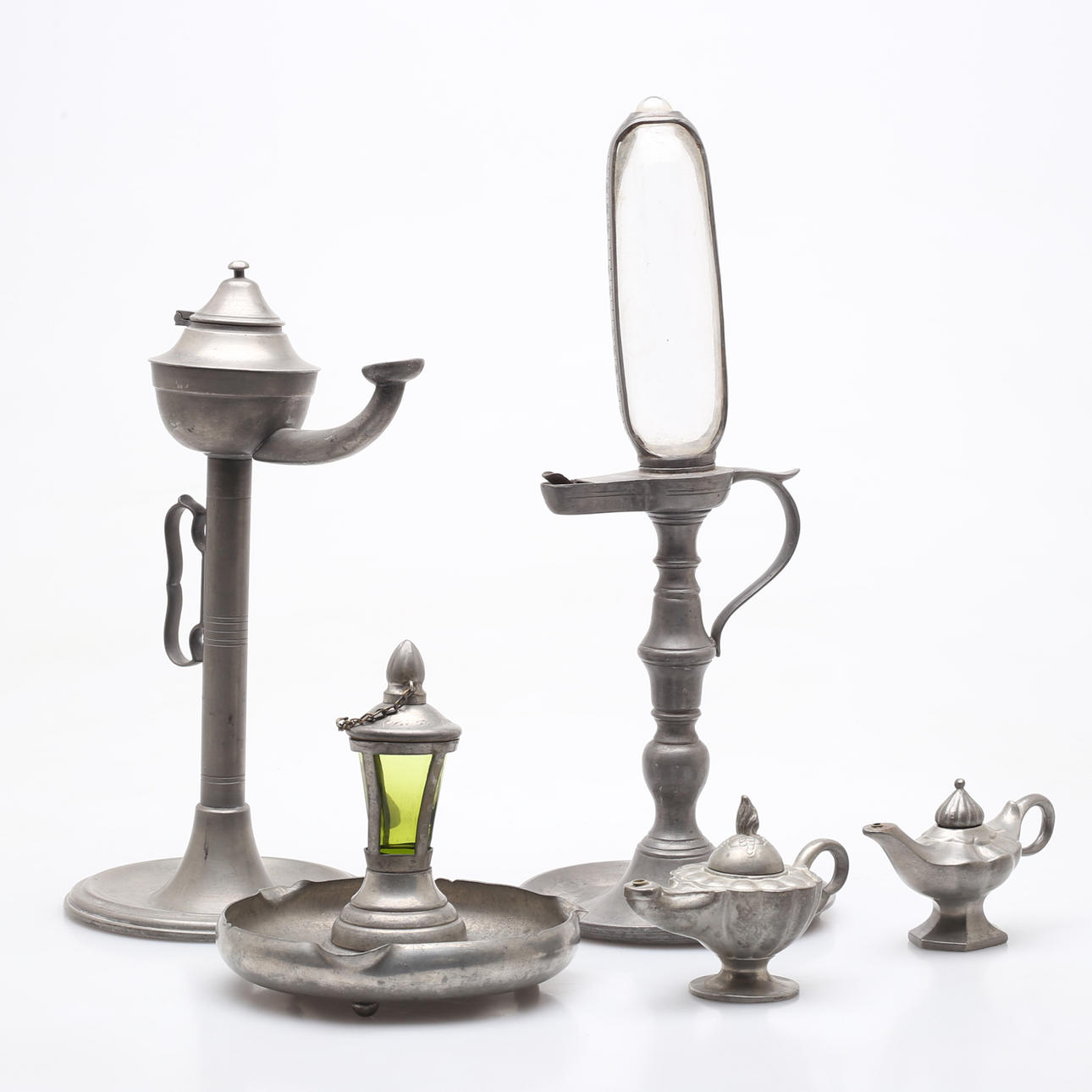 COLLECTION OIL LAMPS, pewter.