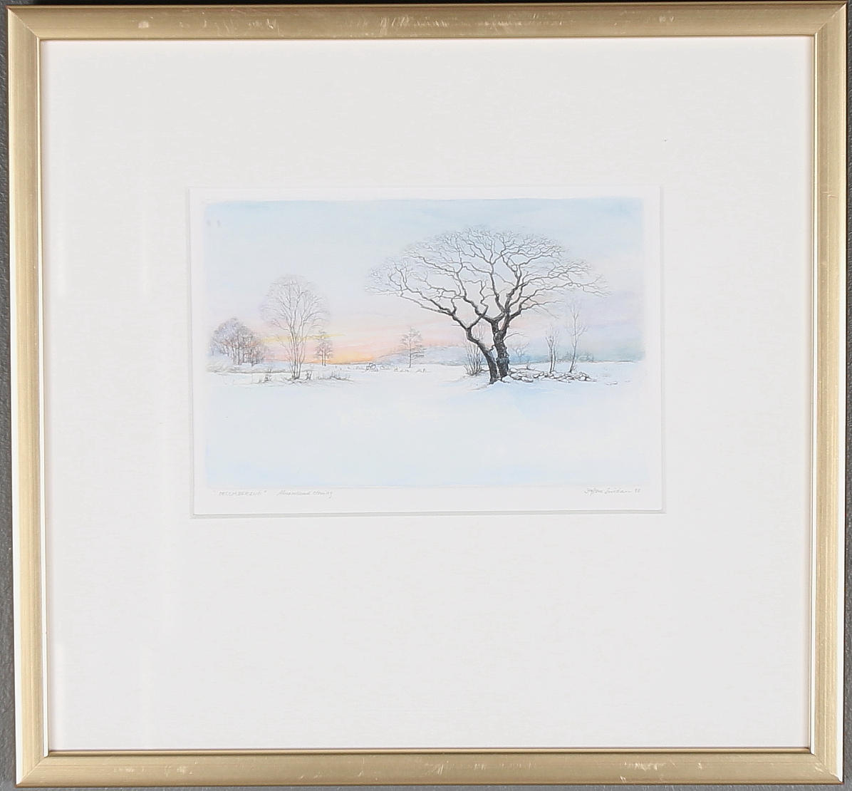 STAFFAN SNIDARE. "Decembersnö". Akvarellerad etsning, signerad och daterad -90.