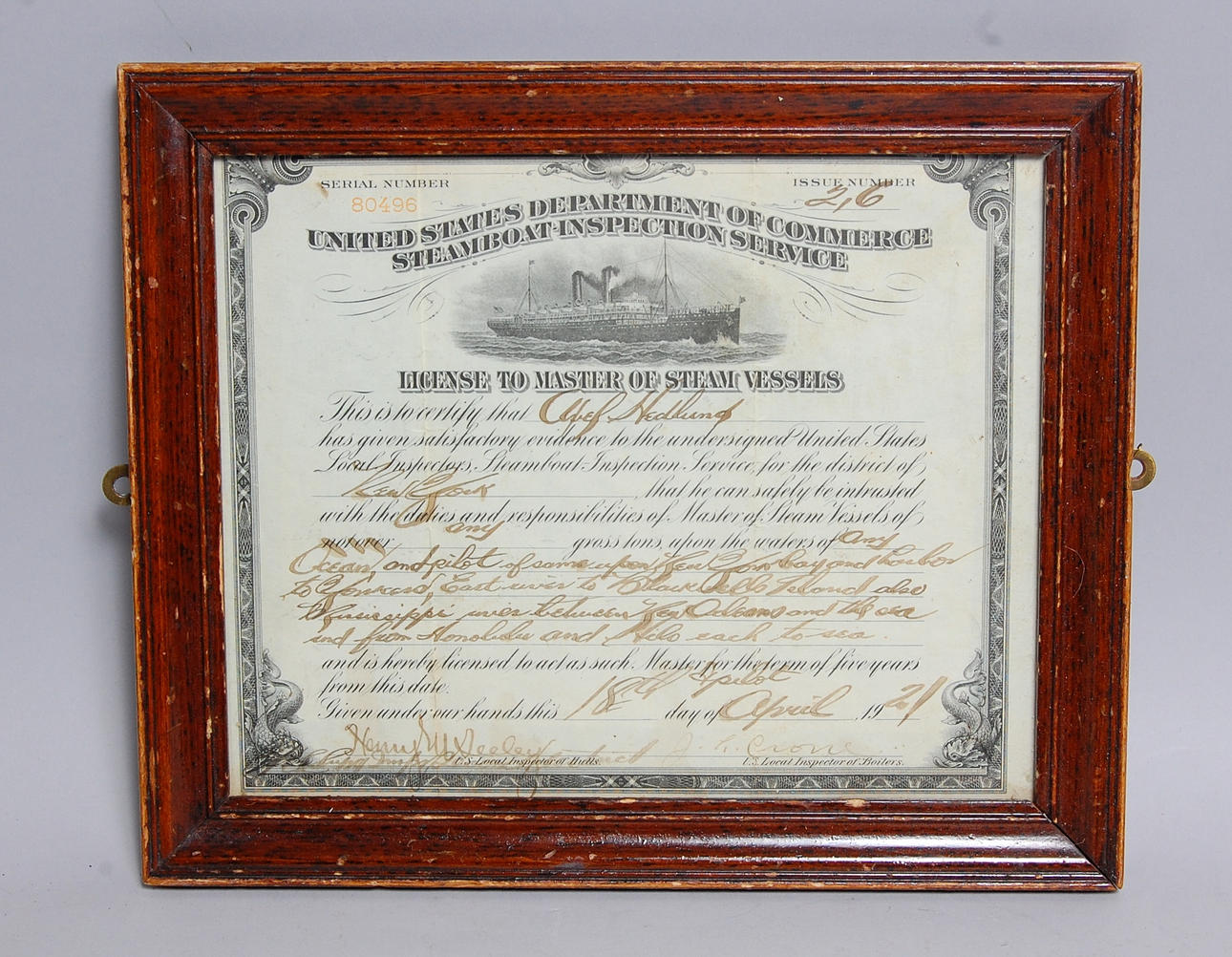 LICENSDOKUMENT, för segling av ångbåt Förenta Staterna 1921.