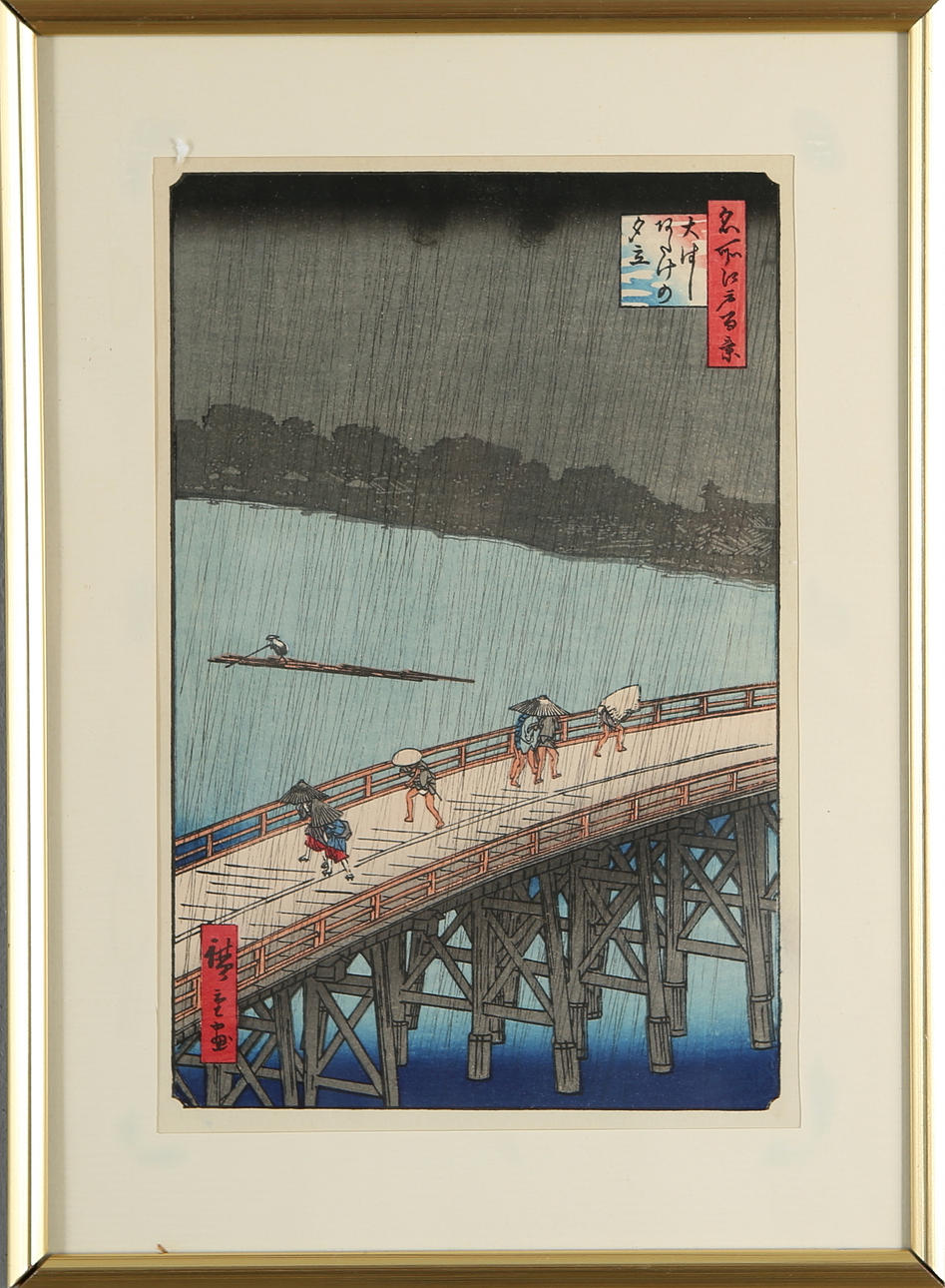 ANDO HIROSHIGE. Efter, "Sudden Rain-Storm at Atake", träsnitt.