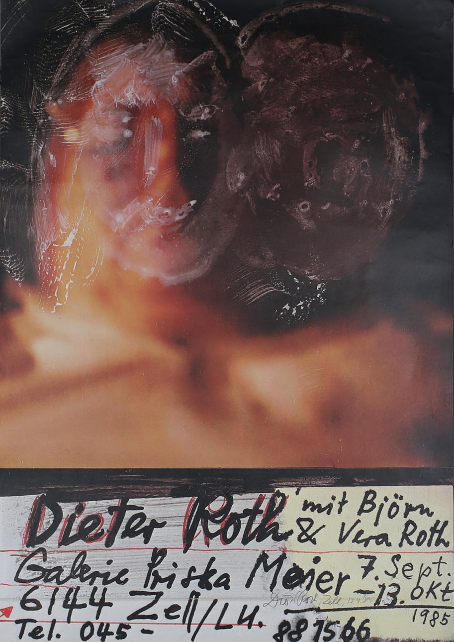 DIETER ROTH. "Dieter Roth & Vera Roth mit Björn..." Offsettryck. Signerad och daterad Zell 18-9-85.