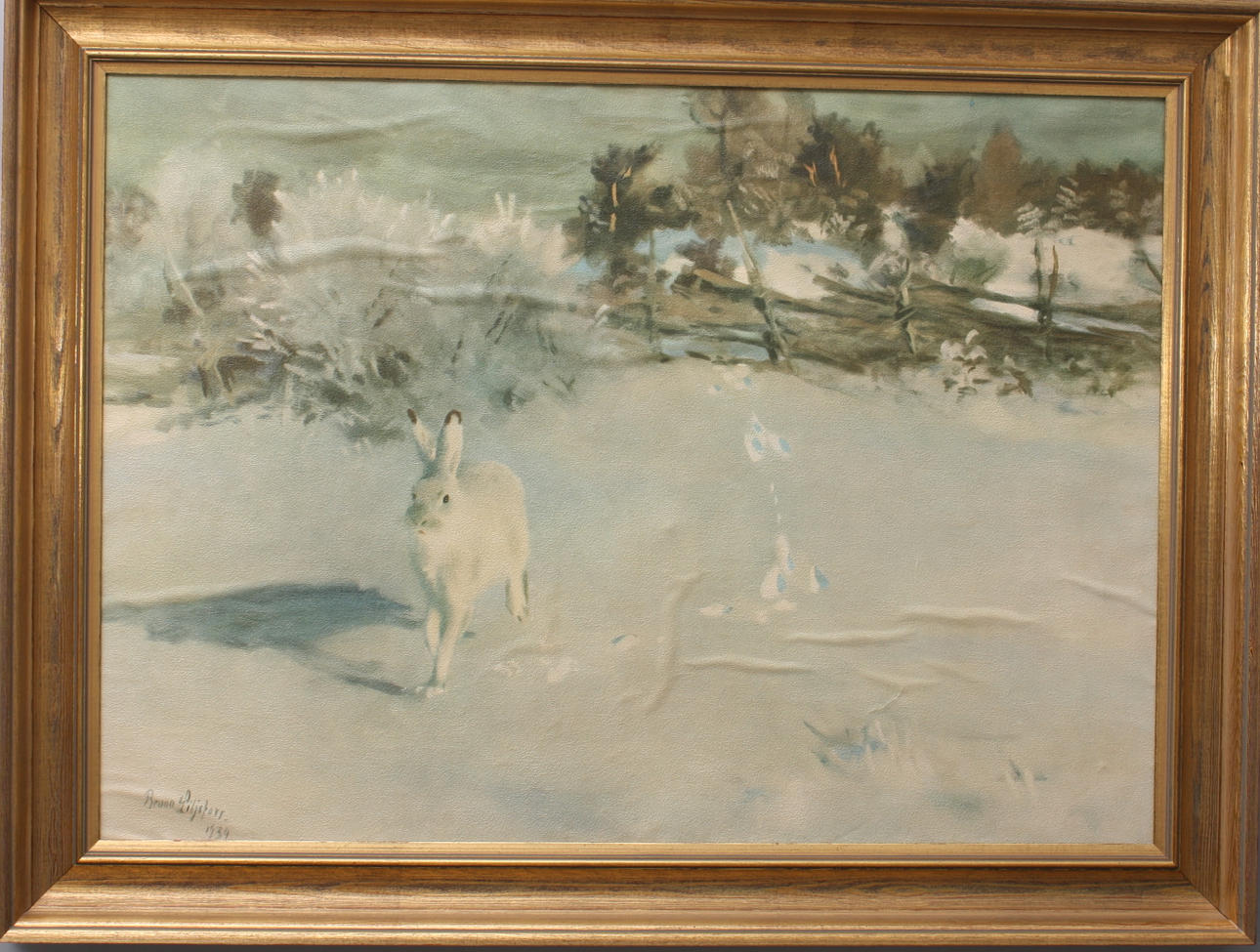 TAVLA, oljetryck duk, osignerad, Kopia av Bruno Liljefors 1934, Vinterhare.