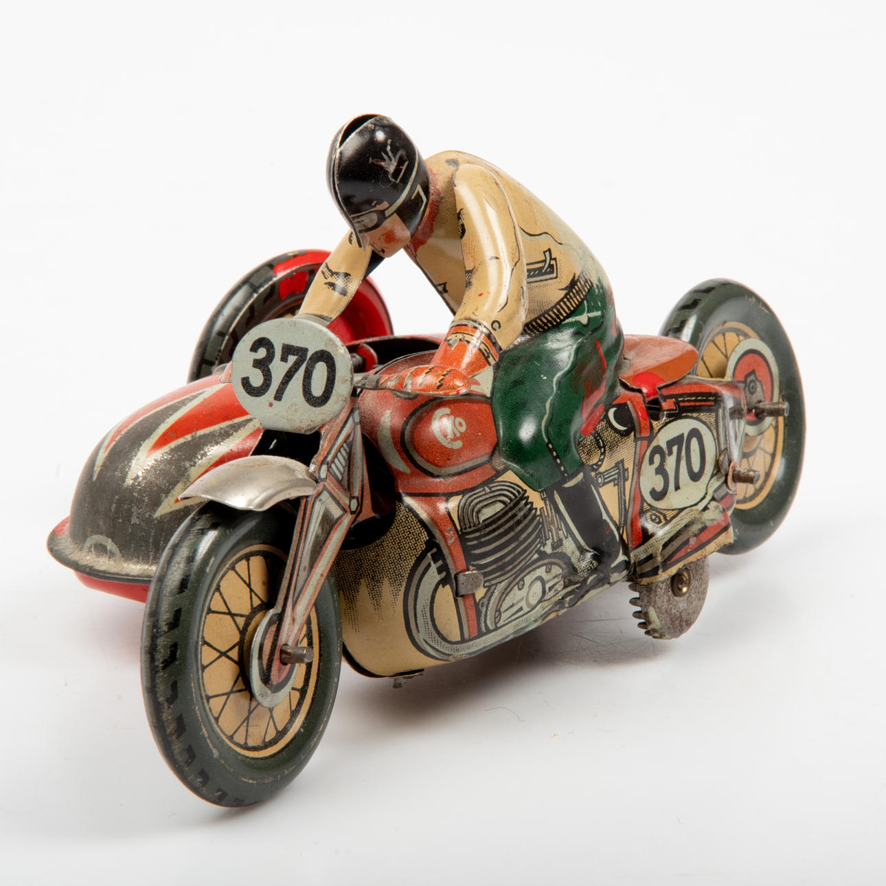 TOY, lithographed sheet metal, motorcycle with sidecar, 