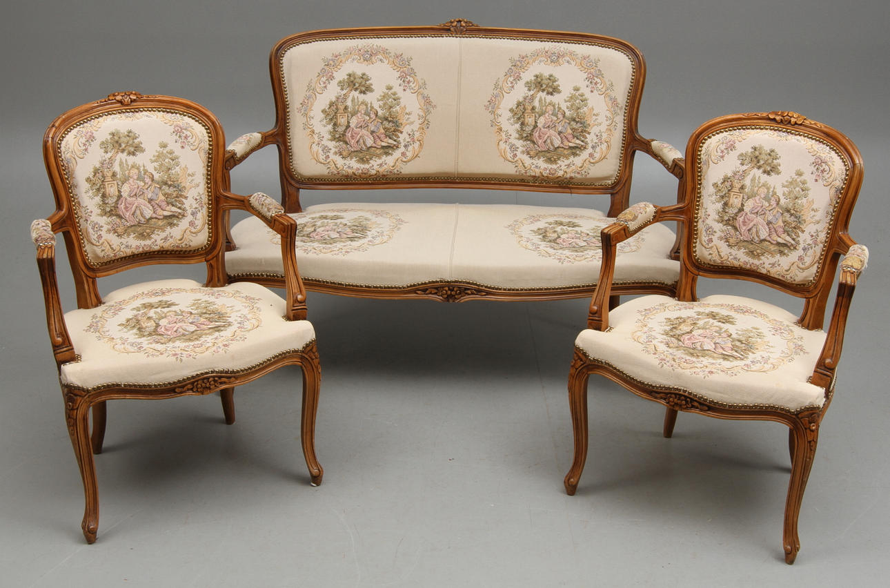 SALONGSGRUPP, 3 delar, rokokostil, 1900-tal.