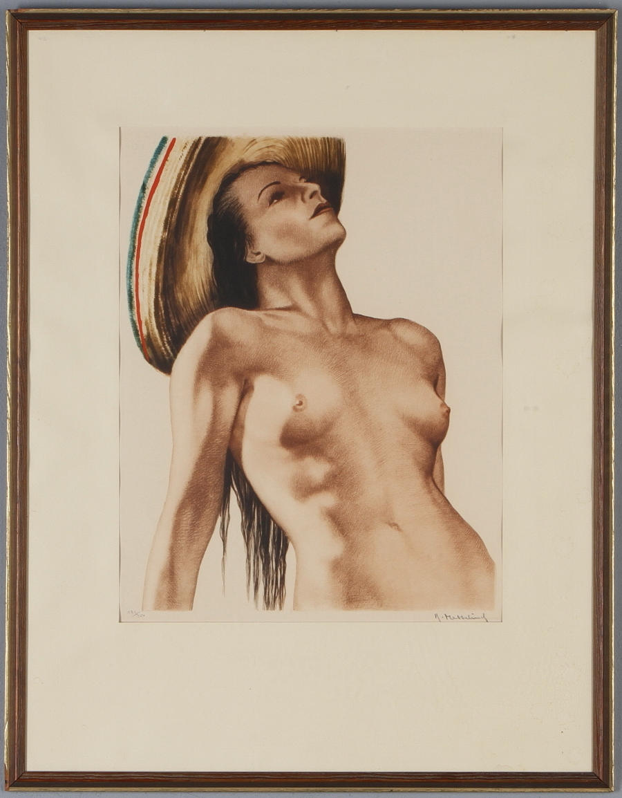 OKÄND KONSTNÄR. LITOGRAFI, motiv: naken kvinna med stråhatt.