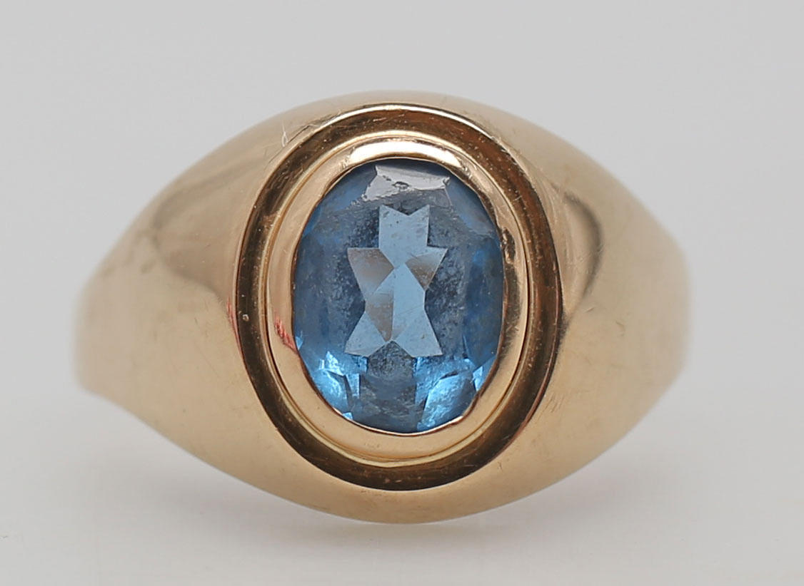 SININEN KIVI SORMUS, punainen kulta, 14K.