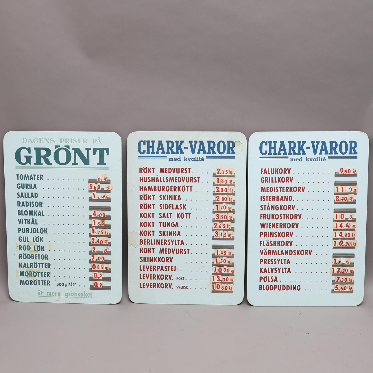 MERKINNÄT, 3 kpl, hinnastot, Chark tavarat ja vihannekset.