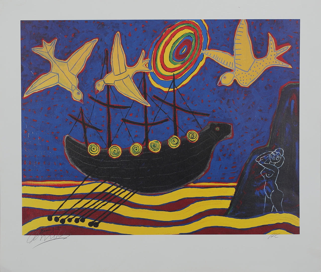 BENNO ARZT. Fartyg och fåglar. Färgserigrafi. Signerad. HC.