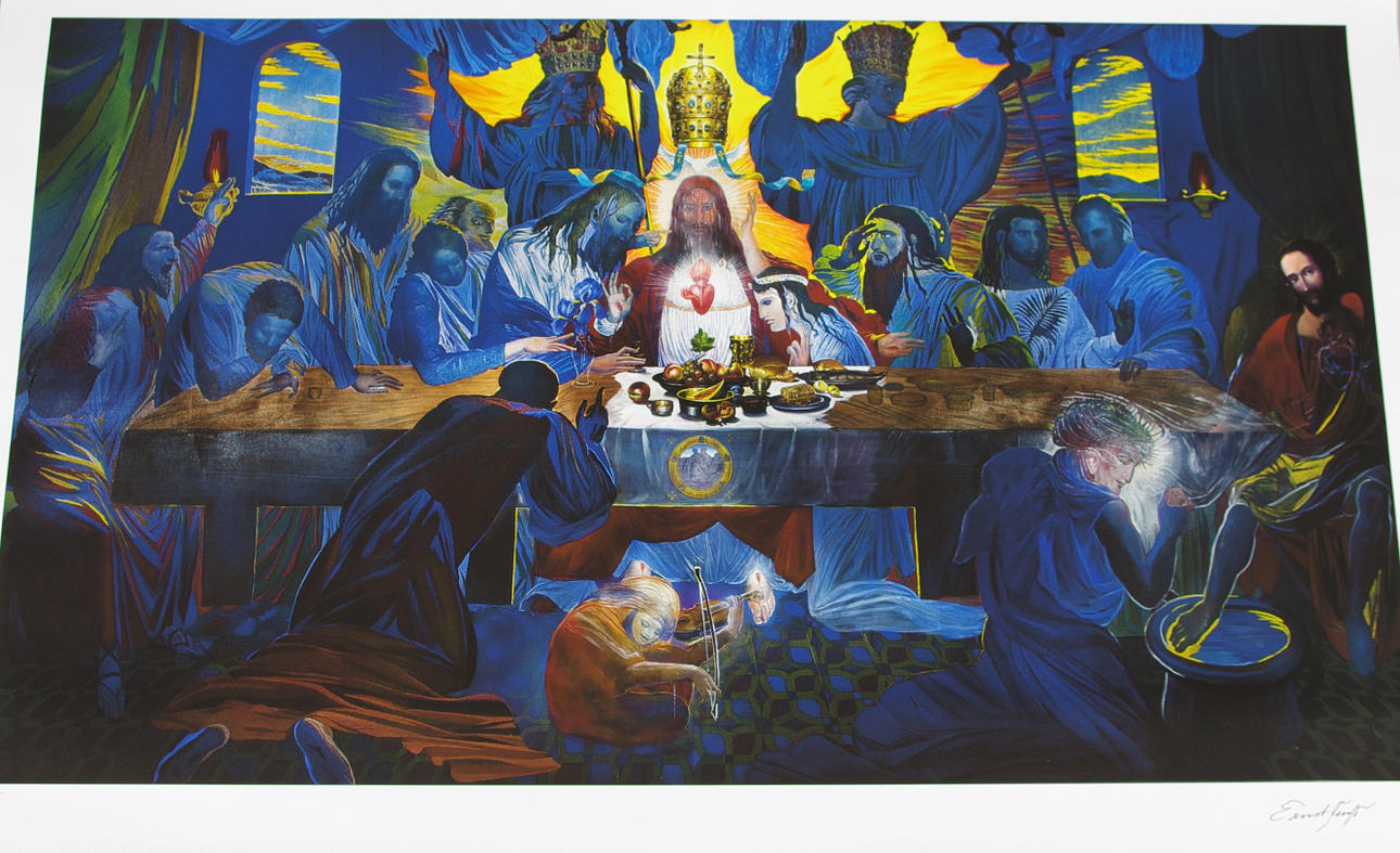 ERNST FUCHS. screetryck på linneduk, variant av nattvarden.