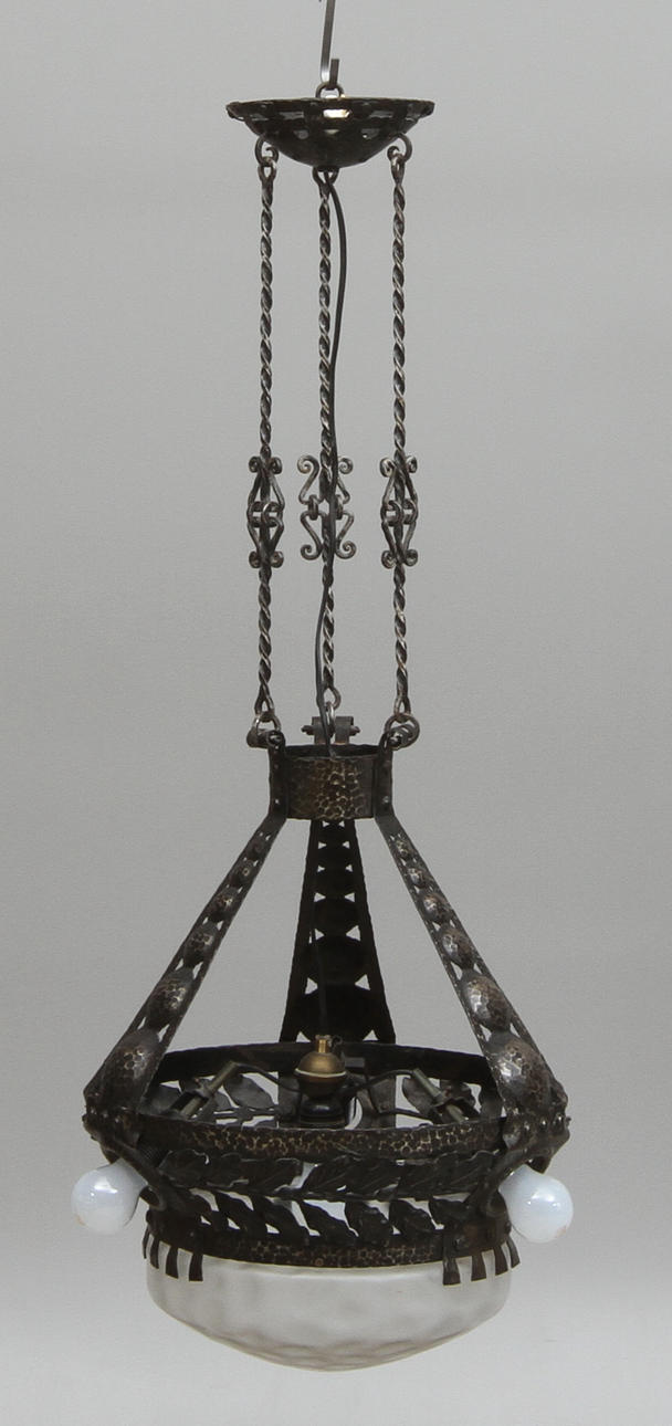 TAKLAMPA, metall med glaskupa, Jugend, 1900-tal.