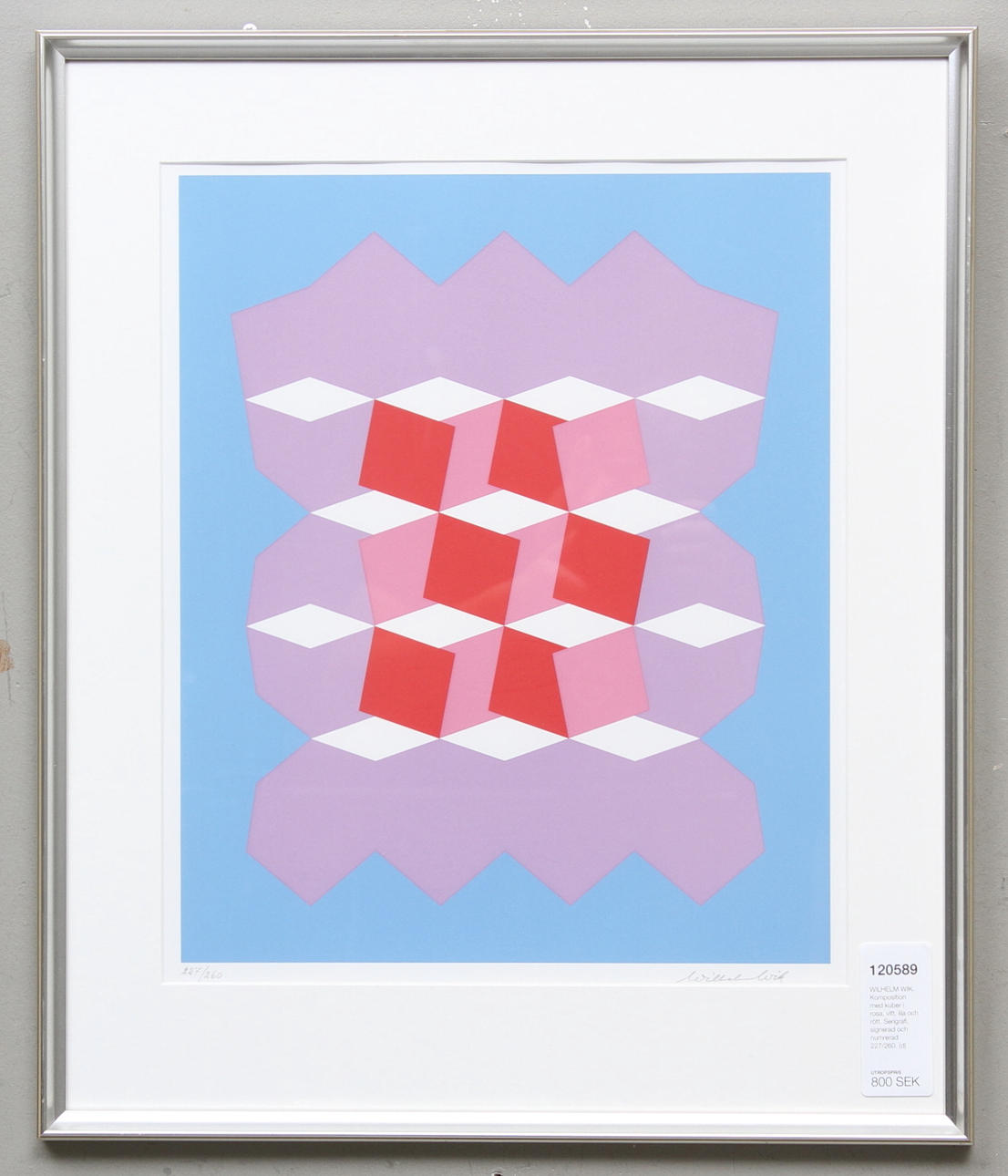 WILHELM WIK. Komposition med kuber i rosa, vitt, lila och rött. Serigrafi, signerad och numrerad 227/260.