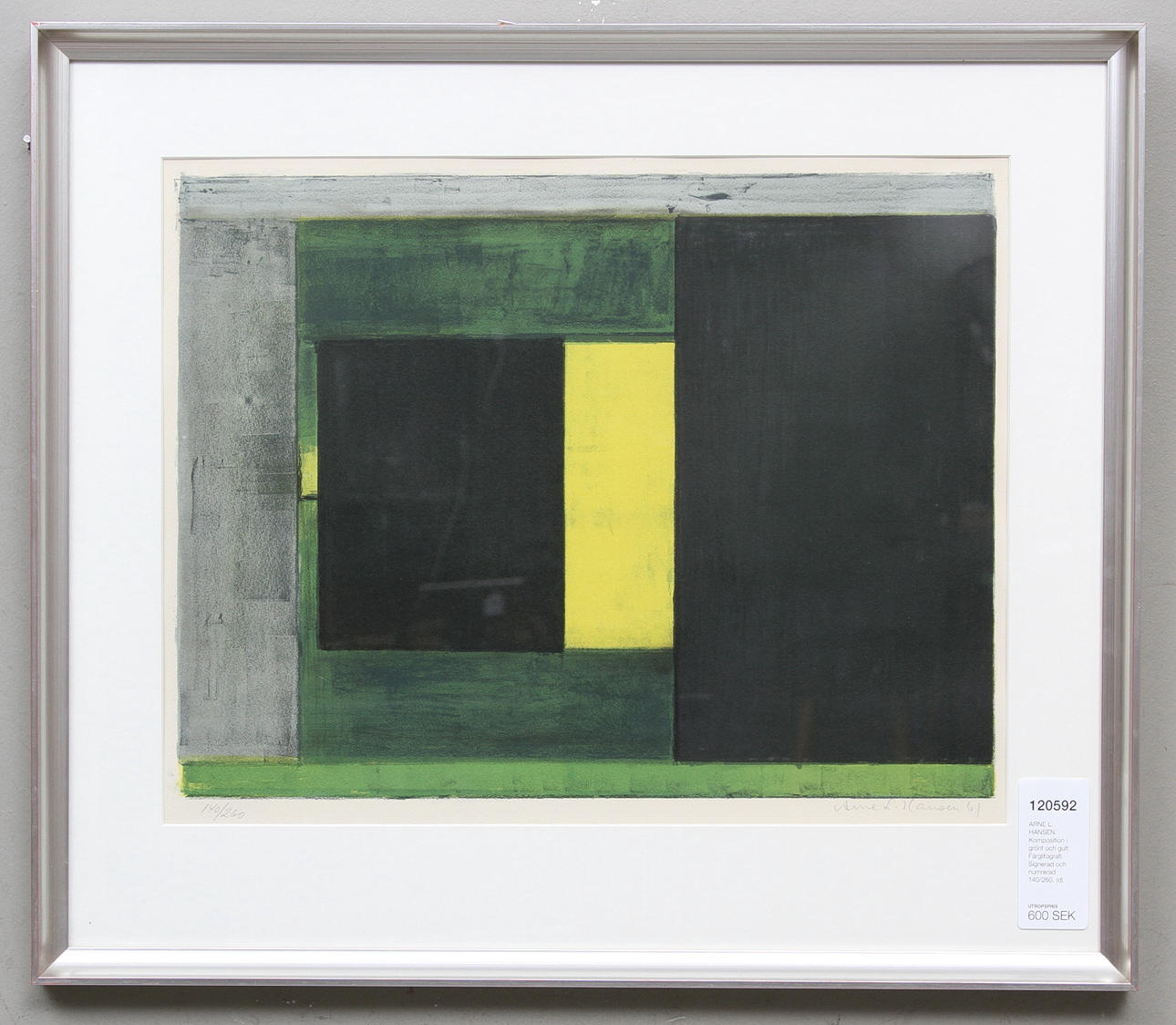 ARNE L. HANSEN. Komposition i grönt och gult. Färglitografi. Signerad och numrerad 140/260.