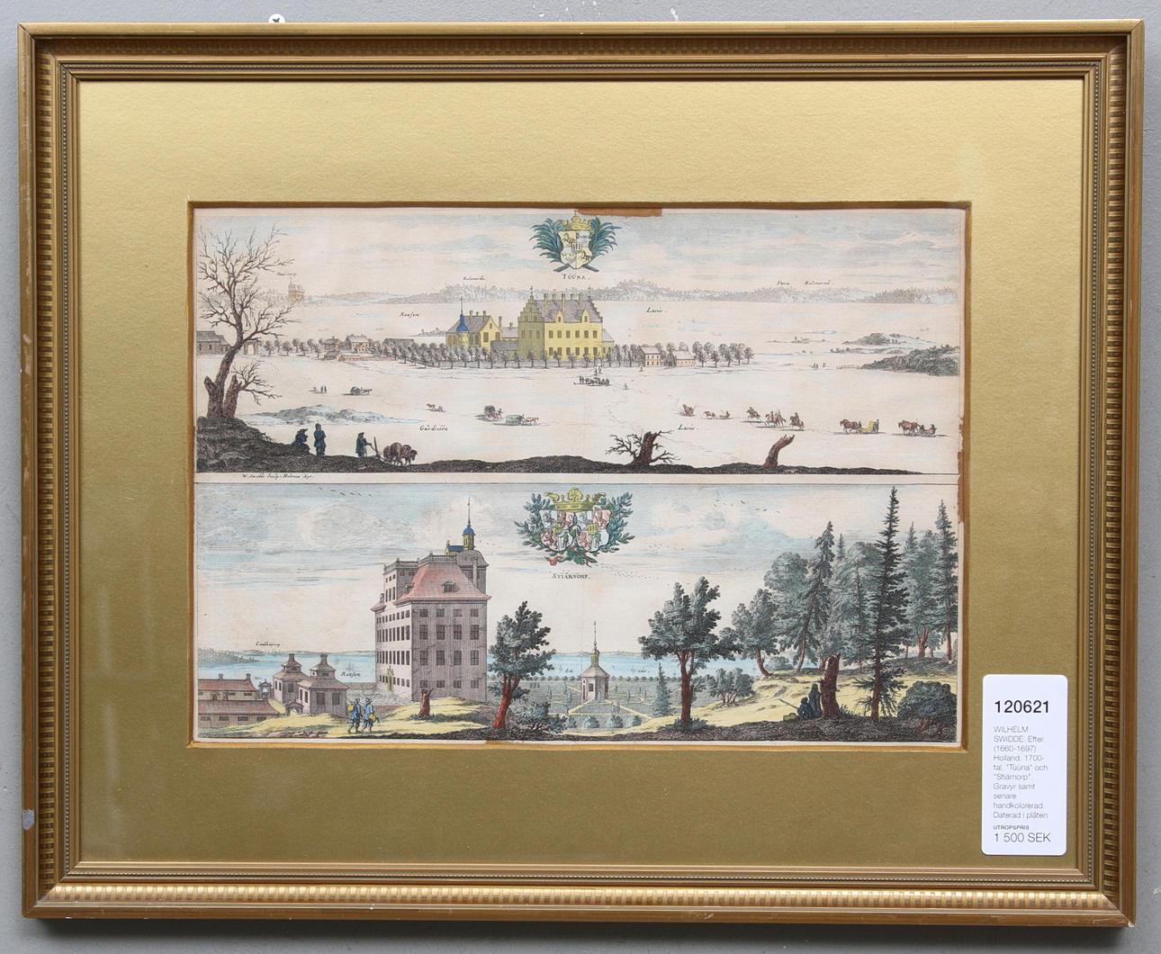 WILHELM SWIDDE. EFTER. (1660-1697) Holland. 1700-tal. "Tüüna" och "Stiärnorp". Gravyr samt senare handkolorerad. Daterad i plåten 1697.