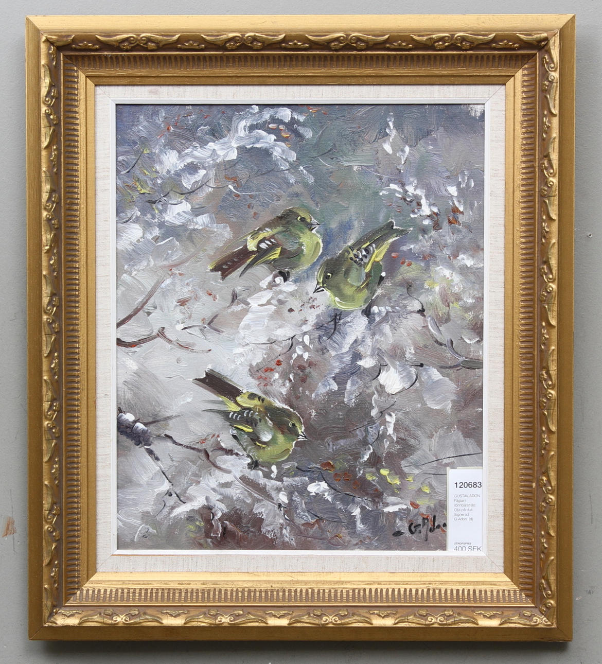 GUSTAV ADON. Fåglar i rönnbärsträd. Olja på duk. Signerad G.Adon.
