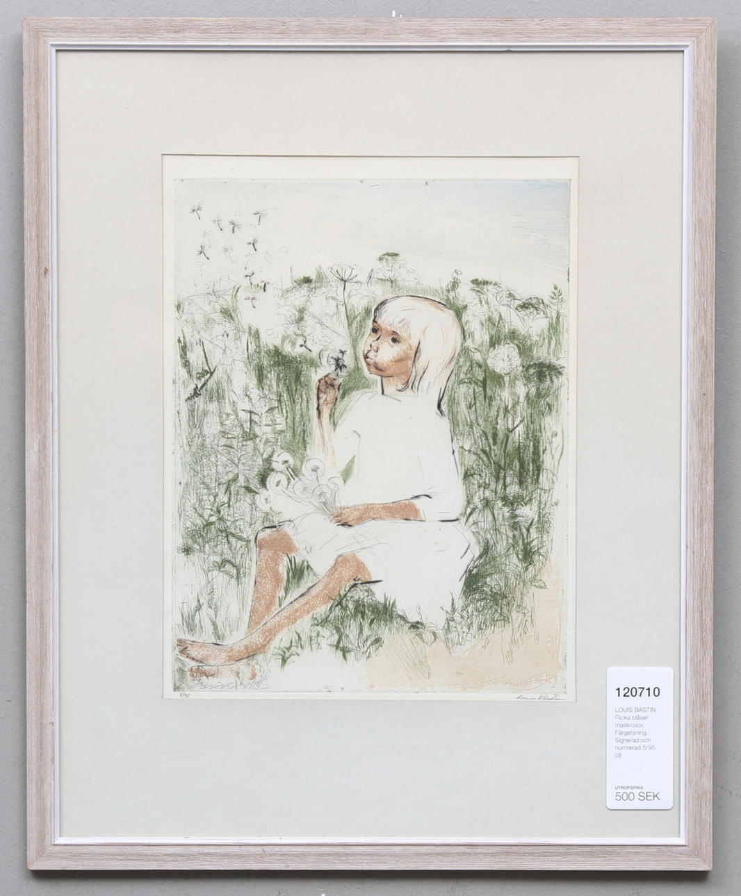 LOUIS BASTIN. Flicka blåser maskrosor. Färgetsning. Signerad och numrerad 5/95.
