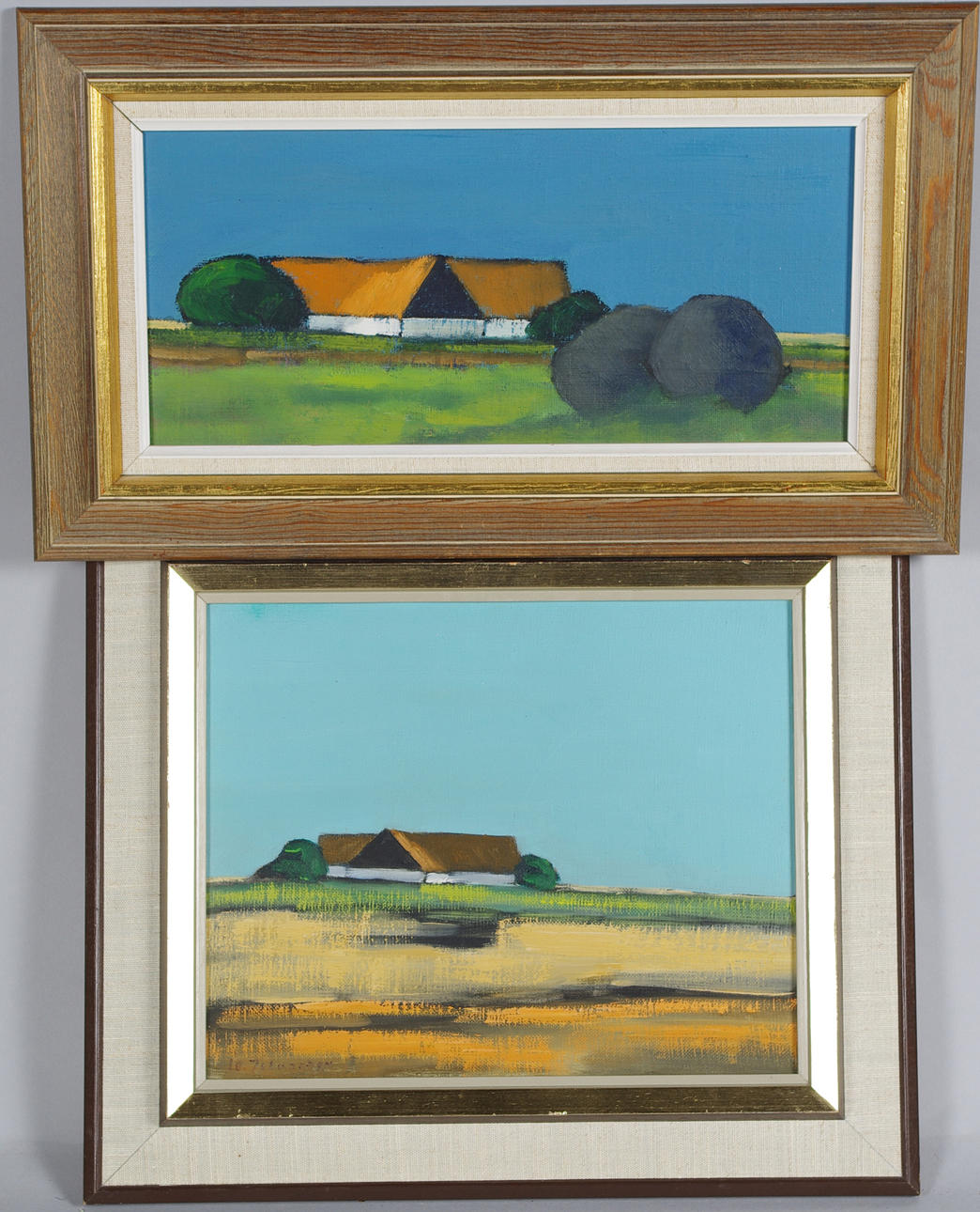 LEIF JOHANSSON. 2 landskap med hus, olja på duk samt pannå.