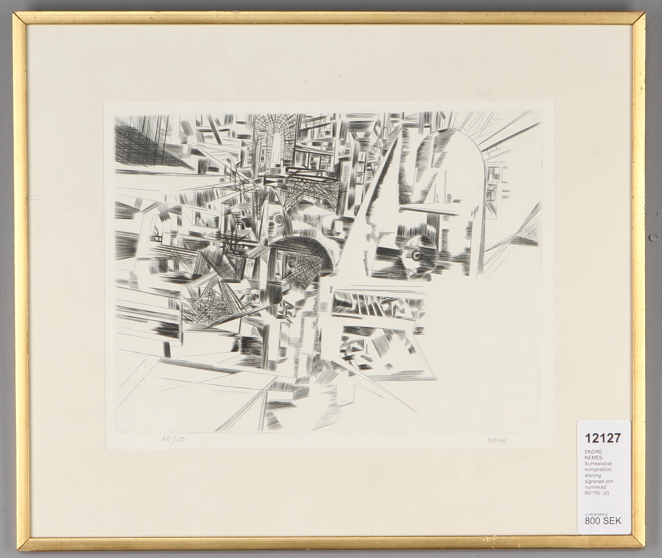 ENDRE NEMES. Surrealistisk komposition, etsning, signerad och numrerad 60/150.