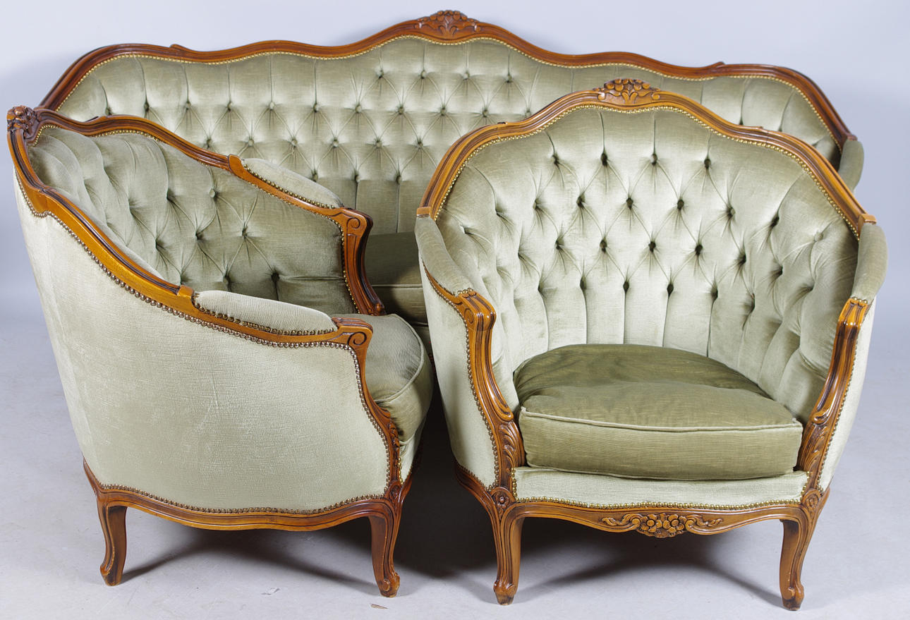 SALONGSGRUPP, grön plysch, rokokostl.