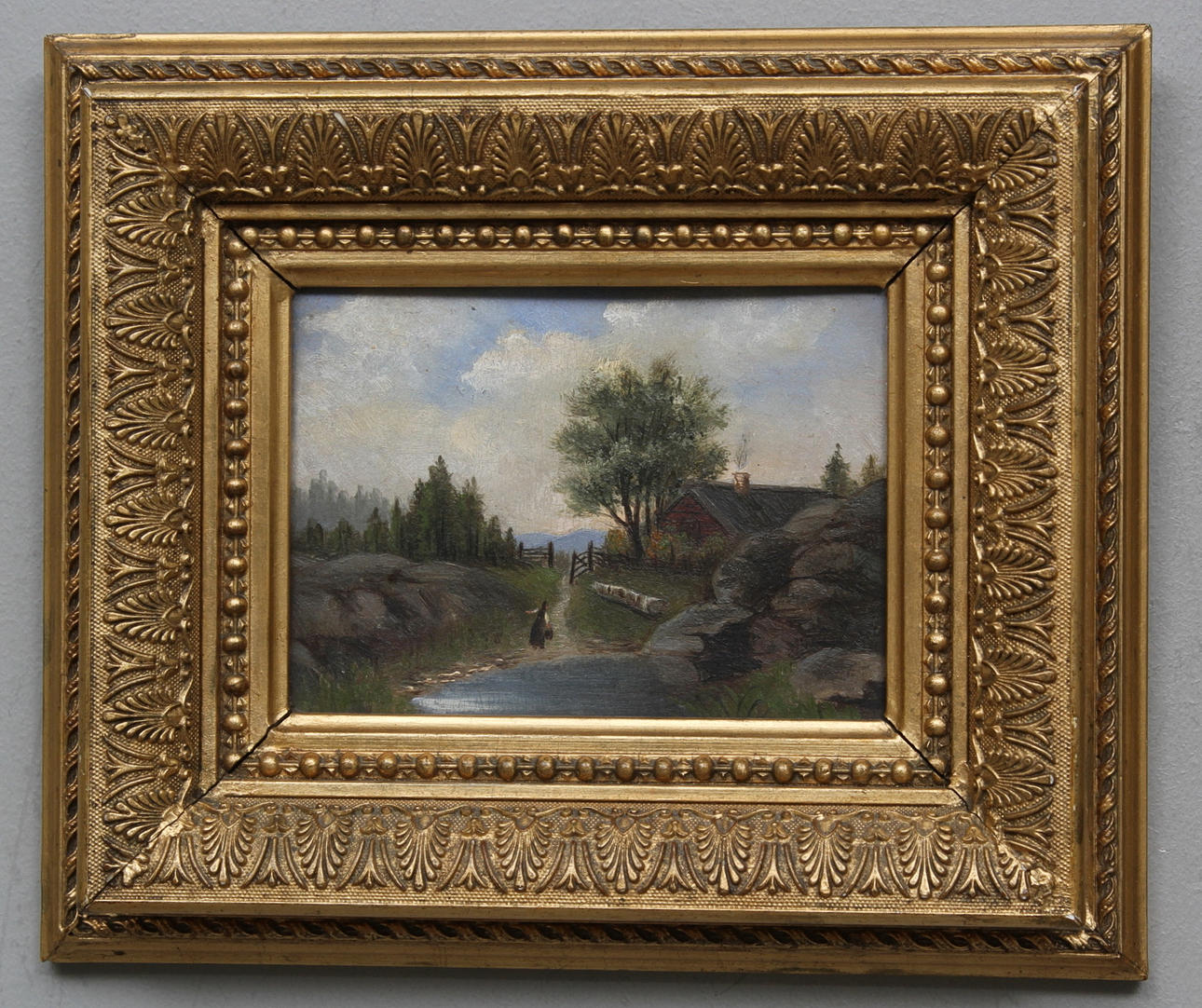 OKÄND KONSTNÄR. Landskap med vattendrag. Sekelskifte 1900. Olja på pannå. Osignerad.