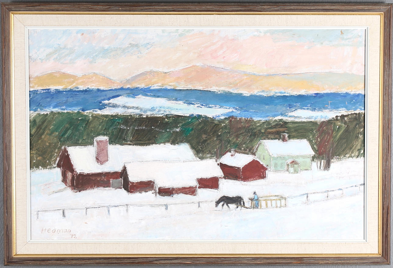 JOHN HEDMAN. Olja på pannå, "Vinter i Mattmar" signerad och daterad -72.