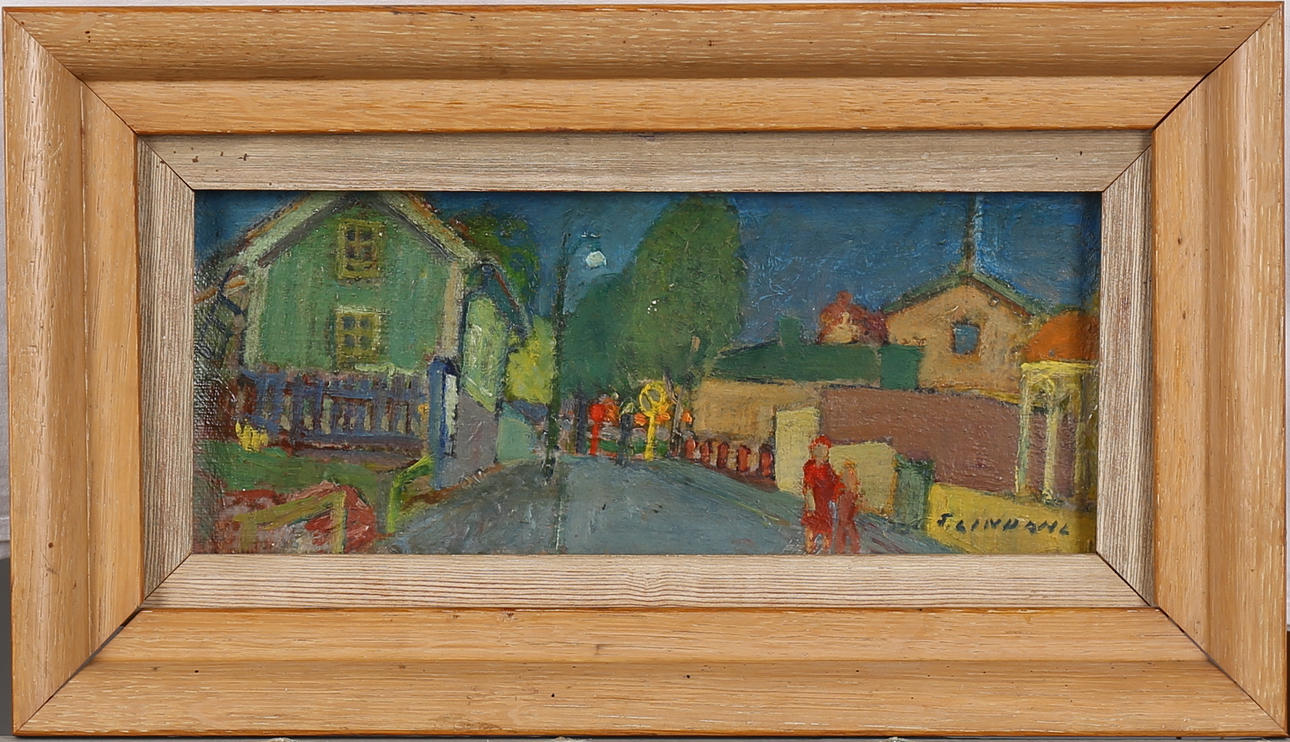 STEN LINDAHL. Garvaregatan med Döderhultarns ateljé, olja på duk uppklistrad på pannå, signerad.
