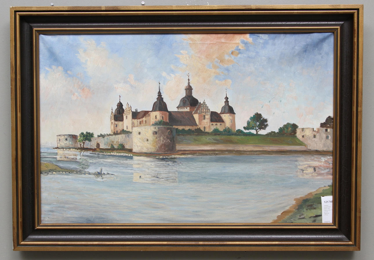 OKÄND KONSTNÄR. Motiv med Kalmar slott. Olja på duk. Signerad E.Ross.