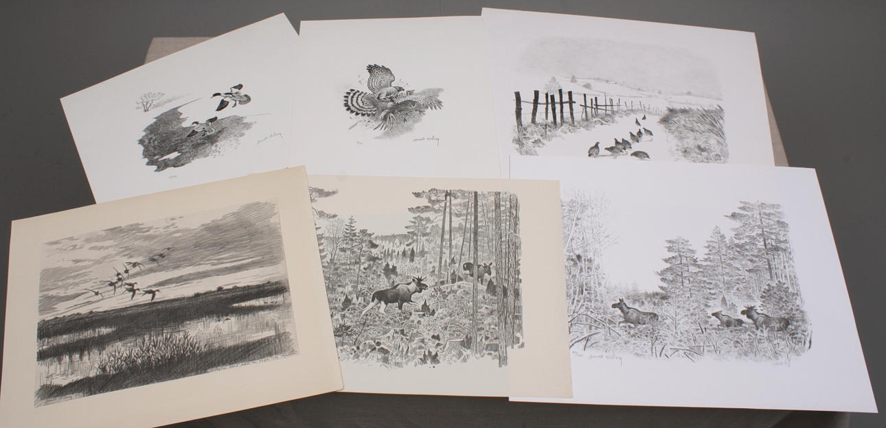 HARALD WIBERG. grafiska blad, sign, 6 st + Tryck 18 st + almanackor 3 st.