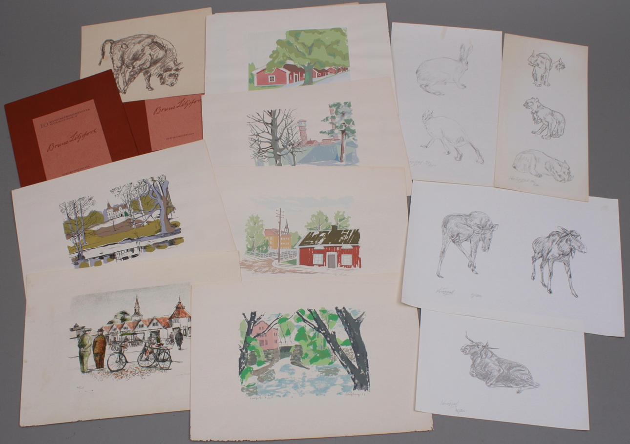 GRAFIK, färglitografier VÅR STAD, signerade och numrerade 6 st + grafiska blad Knöppel 5 st + mappar med reproduktioner av Bruno Liljefors.