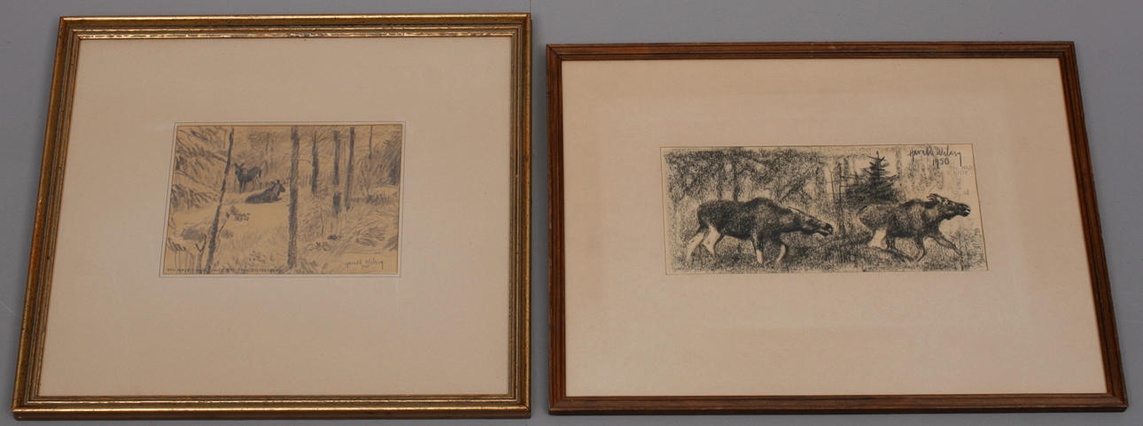 HARALD WIBERG. Blyertsteckning, kolteckning , signerade och daterade, 2 st.