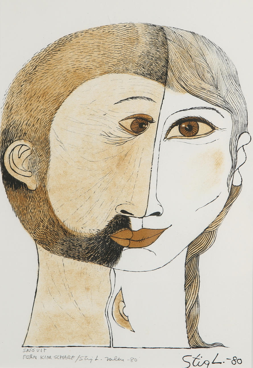 STIG LINDBERG. "Snow White", color lithograph, signed, dated -80 with dedication.