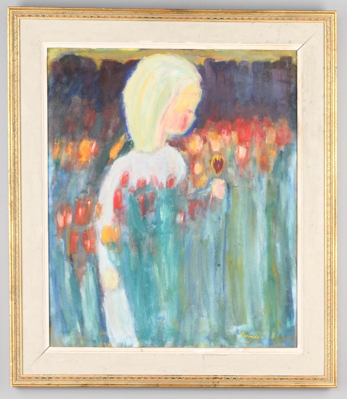 KURT CARENDI. "Flicka på blomblad", olja på pannå, signerad.