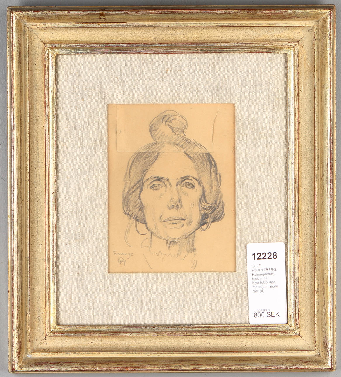 OLLE HJORTZBERG. Kvinnoproträtt, teckning i blyerts/collage, monogramsignerad.