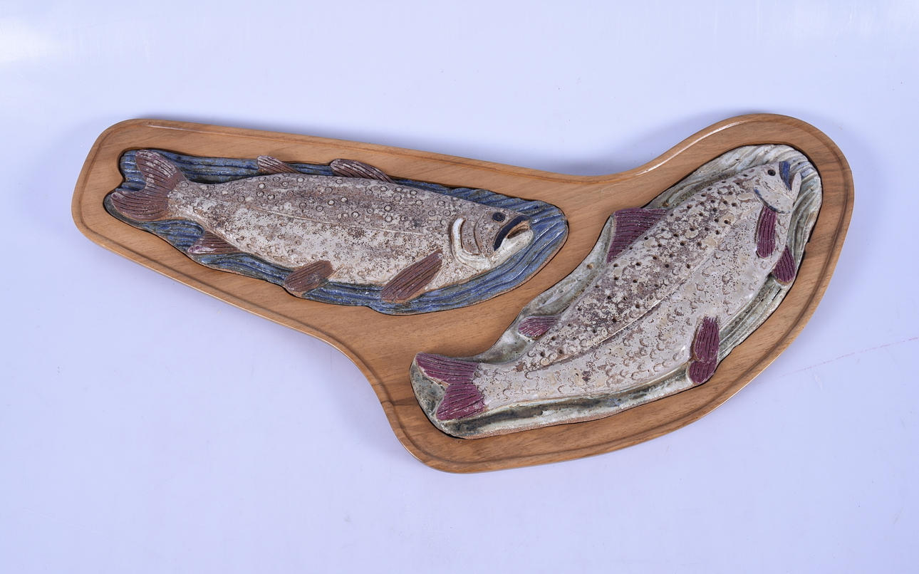 WALL RELIEF, ceramic on wooden slab.